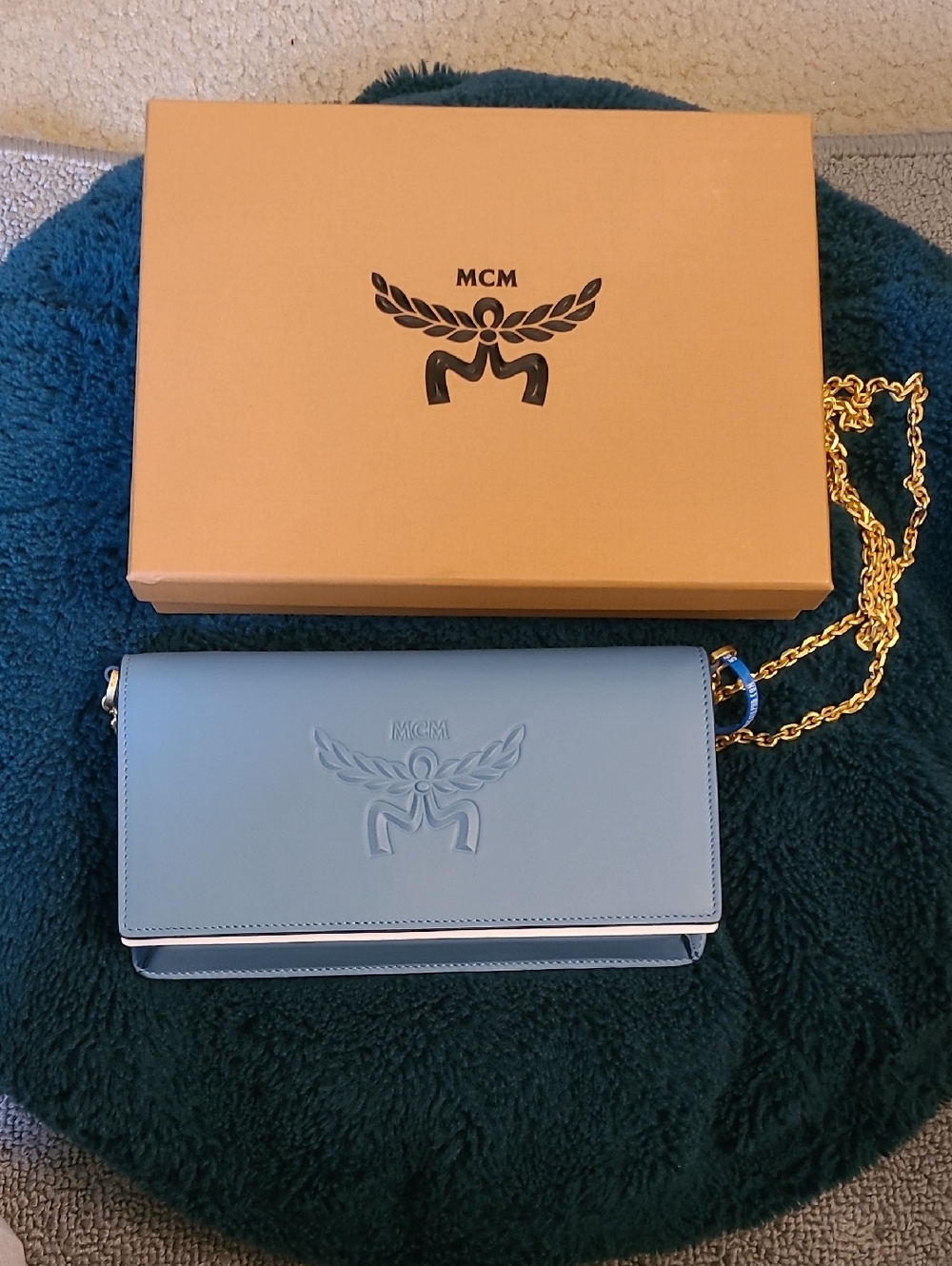 MCM Powder Blue Leather Chain Wallet Crossbody with Gold Hardware